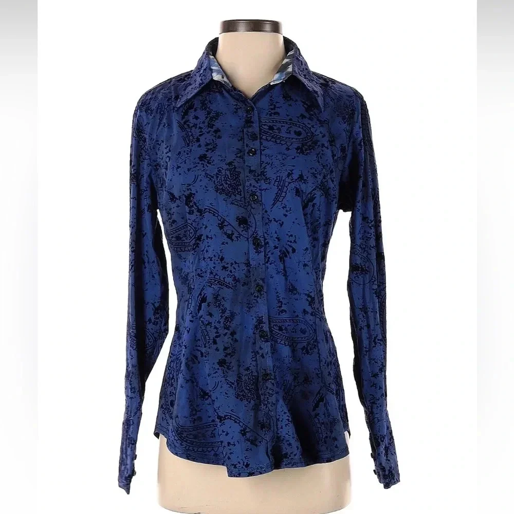 Georg Roth Blue Cotton, Velvet Print Paisley Button Down, Sz S